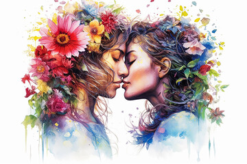 A creative painting with two women kissing among flowers
