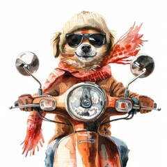 A watercolor painting featuring a dog confidently riding a motorcycle, showcasing a unique and playful scene