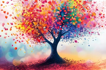 Colorful tree with leaves on hanging branches illustration background 3d abstraction wallpaper