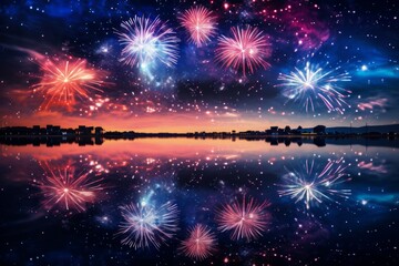 Fototapeta na wymiar Imagery showcasing the reflection of fireworks in a tranquil body of water for New Year's