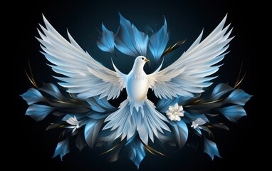 White bird with blue wings perched on a black background