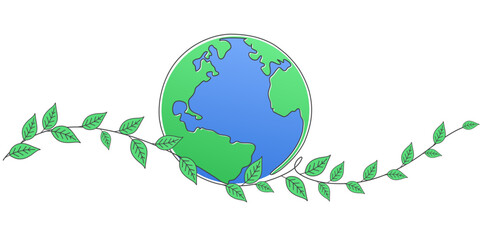 earth globe with plant leaves line art style vector illustration, earth day, environment day illustration