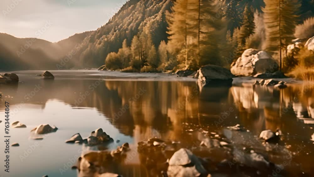 Poster tree-lined lake with rock formation generative ai
