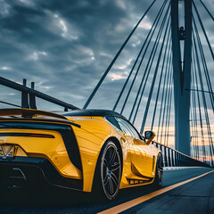 yellow lowered sports car after tuning against the background of a beautiful sky and a bridge.