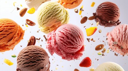  An Explosion of Flavors - Capture an awe-inspiring moment where multiple scoops of vibrant, creamy ice cream - ranging from rich chocolate to tangy strawberry and exotic mango  - obrazy, fototapety, plakaty