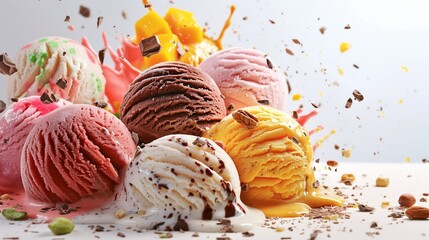  An Explosion of Flavors Capture an awe-inspiring moment where multiple scoops of vibrant, creamy ice cream - ranging from rich chocolate to tangy strawberry and exotic mango - - obrazy, fototapety, plakaty