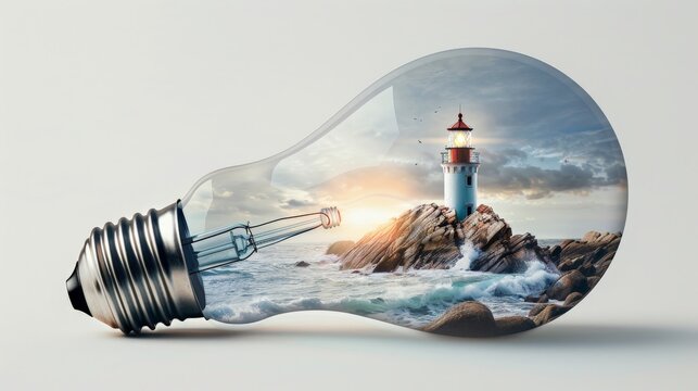 a lightbulb on it's side, inside is a lighthouse with rocks and ocean waves, isolated background