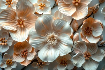 A beautiful image of delicately rendered 3D flowers in a serene palette, evoking calmness and beauty