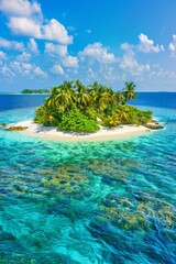 Tranquil aerial view of maldives  luxurious resort island with palm trees on white sandy beach