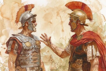 A watercolor illustration of a Roman soldier offering peace to an enemy. - obrazy, fototapety, plakaty