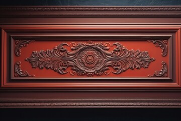 Decorative clay stucco with an ornament on a dark red ceiling or wall in an abstract classic white interior	
