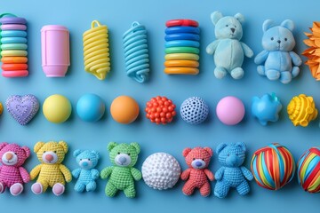 Assortment of colorful children's toys and stuffed animals displayed on blue