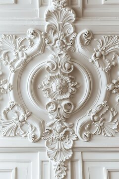 Decorative clay stucco with an ornament on a white ceiling or wall in an abstract classic white interior	
