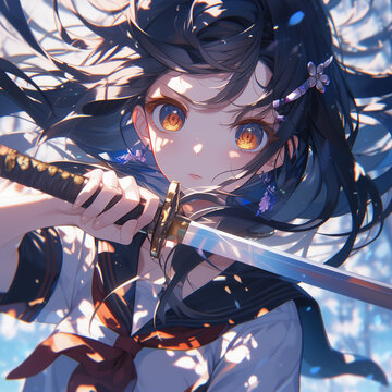 Fototapeta illustration of an anime girl with brown eyes and black hair wearing a sailor uniform holding a sword, fantasy, swords, girl with black hair and brown eyes, anime