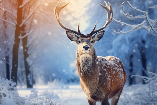 a deer with antlers standing in snow