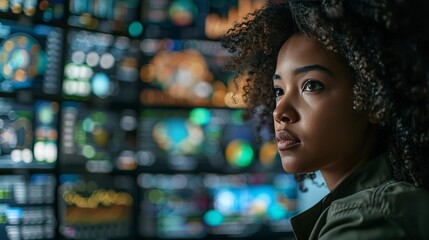 black woman working on a computer, copy space