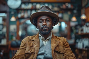 Sophisticate man in a fedora and jacket poses thoughtfully in a retro coffee shop atmosphere