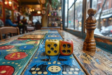 Two large colorful dice rest on a vibrant game board in a cozy café setting with blurred background