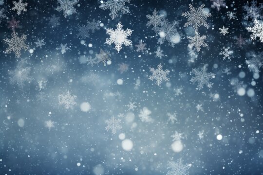 Sparkling silver snowflakes on a background of shimmering snowfall.