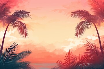 Tropical and paradise-like social media background with palm leaves and sunset hues