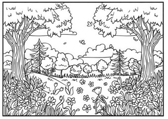 Fototapeta premium Coloring sheets with spring themes, featuring flowers, animals, and outdoor scenes.