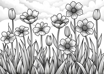 Coloring sheets with spring themes, featuring flowers, animals, and outdoor scenes.