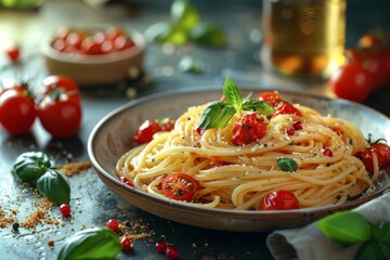 A delectable dish of spaghetti garnished with fresh basil, cherry tomatoes, and a dusting of spices served on an earthy plate