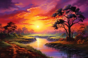 Gordijnen Vibrant sunset painting the sky in warm hues over a tranquil landscape © KerXing