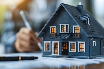 Real estate agent and client reviewing terms for house rental agreement. Concept Real Estate, House Rental Agreement, Terms Review, Agent-Client Meeting