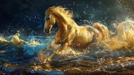 A painting showing a horse in full gallop, splashing through water with energy and determination