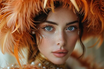 Dramatic close-up of a woman with deep blue eyes and orange feathers creating a bold and fashion-forward image