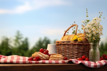 Spring picnic setup mockup with a woven basket, sandwiches, and fresh fruits