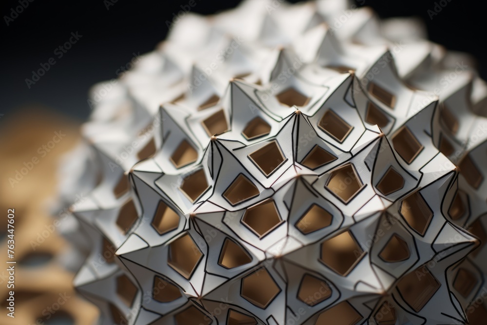 Poster a close up of a 3d hexecontahedron with intricate polygonal faces