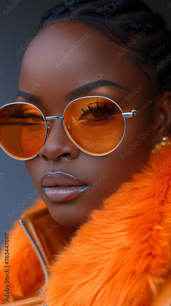 Poster close up of street fashion model. wearing orange and sunglasses 