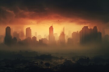 A dystopian city skyline obscured by thick smog