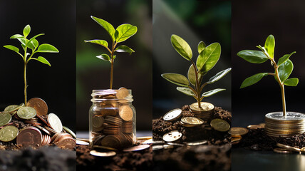 plant growing in the stack of coins saving and invest money concept background