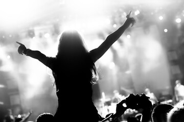 Crowd cheering and watching a band on stage, blurred motion, shallow DOF.