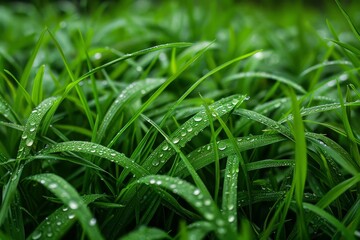 Fototapeta na wymiar A close view of fresh raindrops on dense green grass evokes a sense of growth and life force
