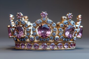 The intricate design of a royal crown jeweled with large purple gems and accented with diamonds showcases wealth and power