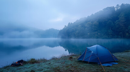 Illuminated tent at lakeside campsite. Foggy early morning. Outdoor adventures. Camping. Traveling.