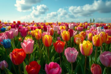 Clouds add drama to the sky above a colorful tulip landscape, enhancing its allure