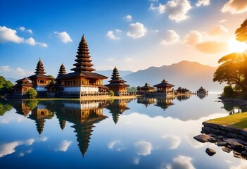Naklejka premium a temple with a lake and mountains in the background.
