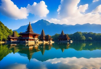 a temple with a lake and mountains in the background. - obrazy, fototapety, plakaty