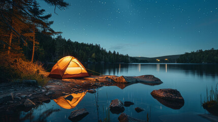 Illuminated tent at lakeside campsite. Night time. Outdoor adventures. Camping. Traveling. - obrazy, fototapety, plakaty