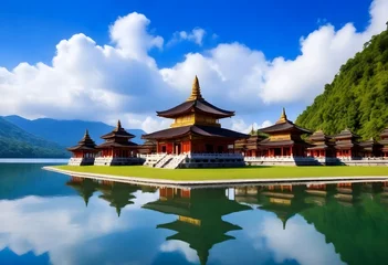 Foto op Plexiglas a temple with a lake and mountains in the background. © rjsoni