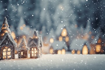 Bokeh lights with snowy winter scene. Christmas concept background