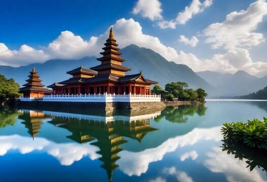 a temple with a lake and mountains in the background.