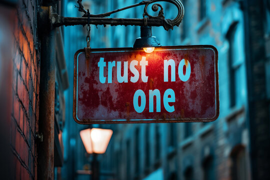 Old rusty metal sign with words 'trust no one'