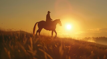 Man riding a horse in at sunset