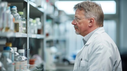 Man scientist wearing white coat in modern medical laboratory